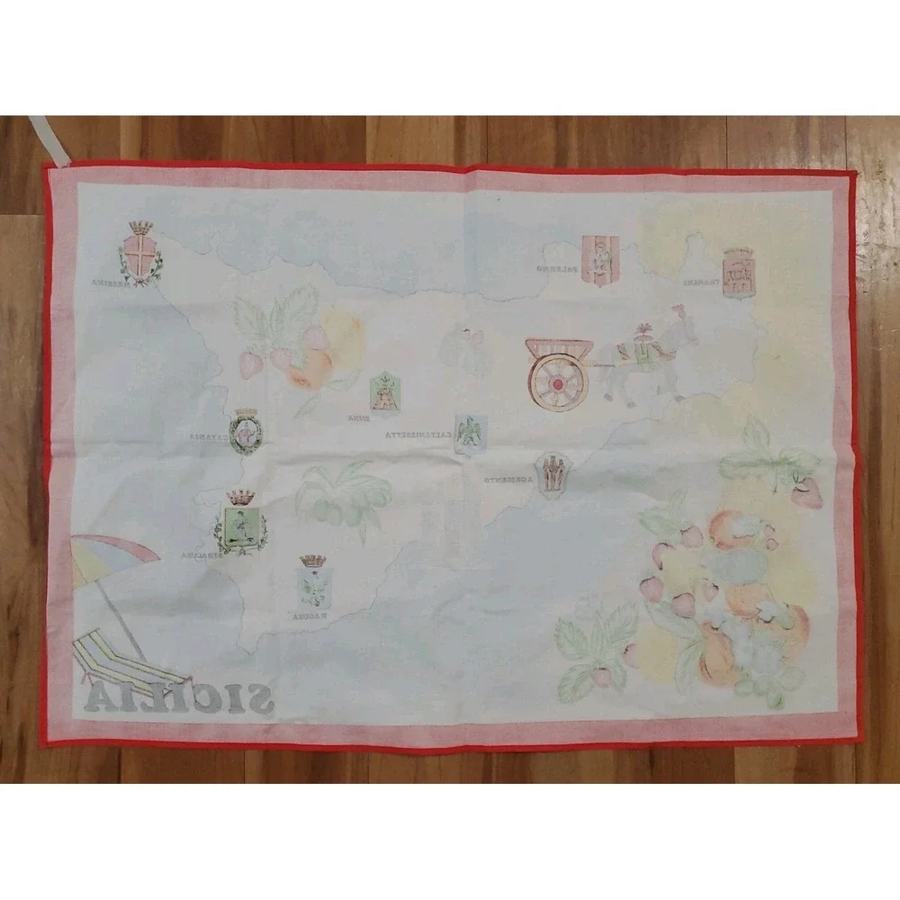 Vintage Souvenir SICILY SICILA MAP Red Blue White Cotton Kitchen Tea Towel